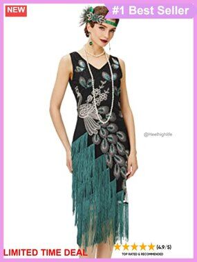 1920s Vintage Peacock Sequin Flapper Dress Fringe Bodycon Midi